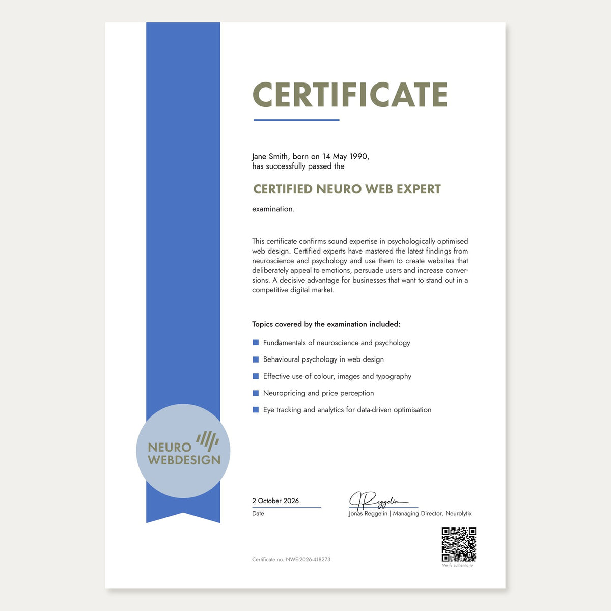 English certificate Certified Neuro Web Expert (sample)