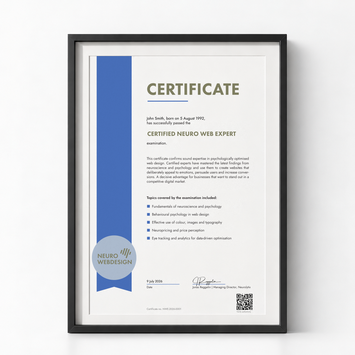 Certified Neuro Web Expert certificate (English) in a black frame