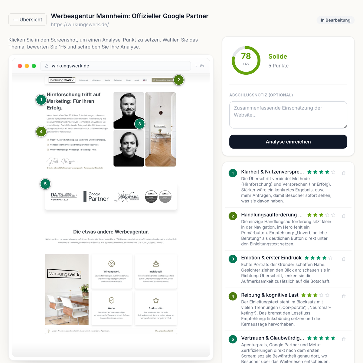 Ausschnitt aus der Master-Prüfung: Analysetool mit nummerierten Analyse-Punkten auf einer Website